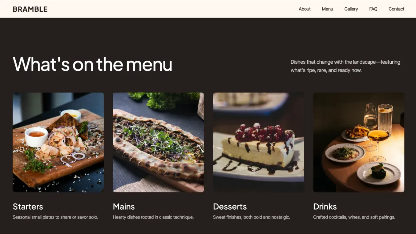 Screenshot of menu section