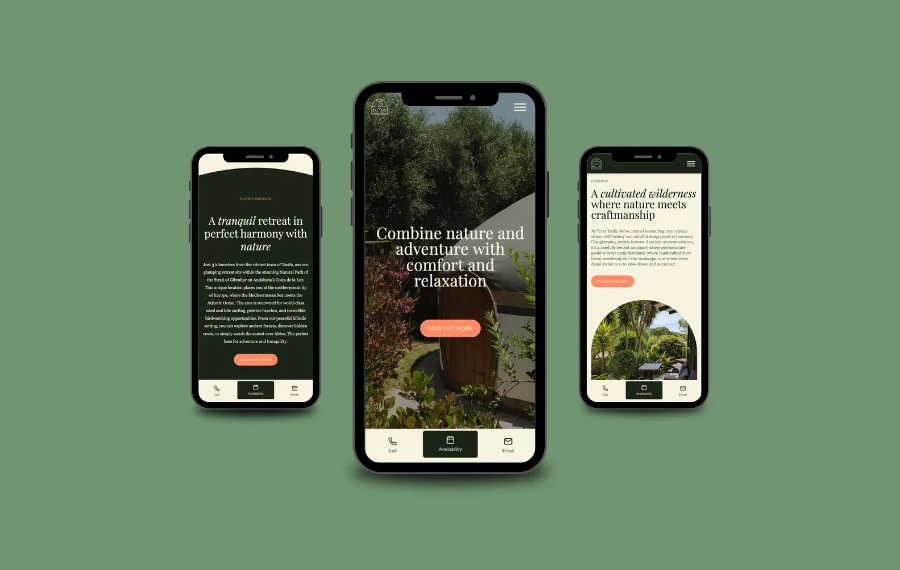 Mockup of three phone displaying Yurts Tarifa Website